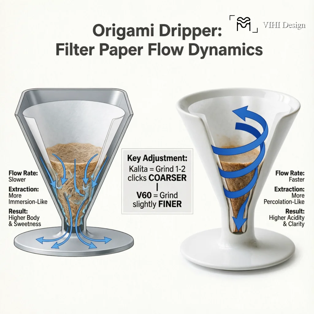 Origami Dripper Paper Showdown: Kalita Wave Filters vs. V60 Filters - Which Wins for Your Coffee? Technical Infographic VIHI Design