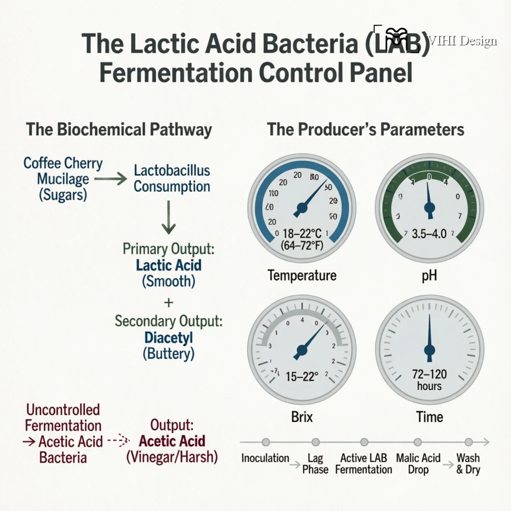 Lactic Acid Bacteria in Coffee Fermentation: The Key to Clean, Buttery Acidity Technical Infographic VIHI Design