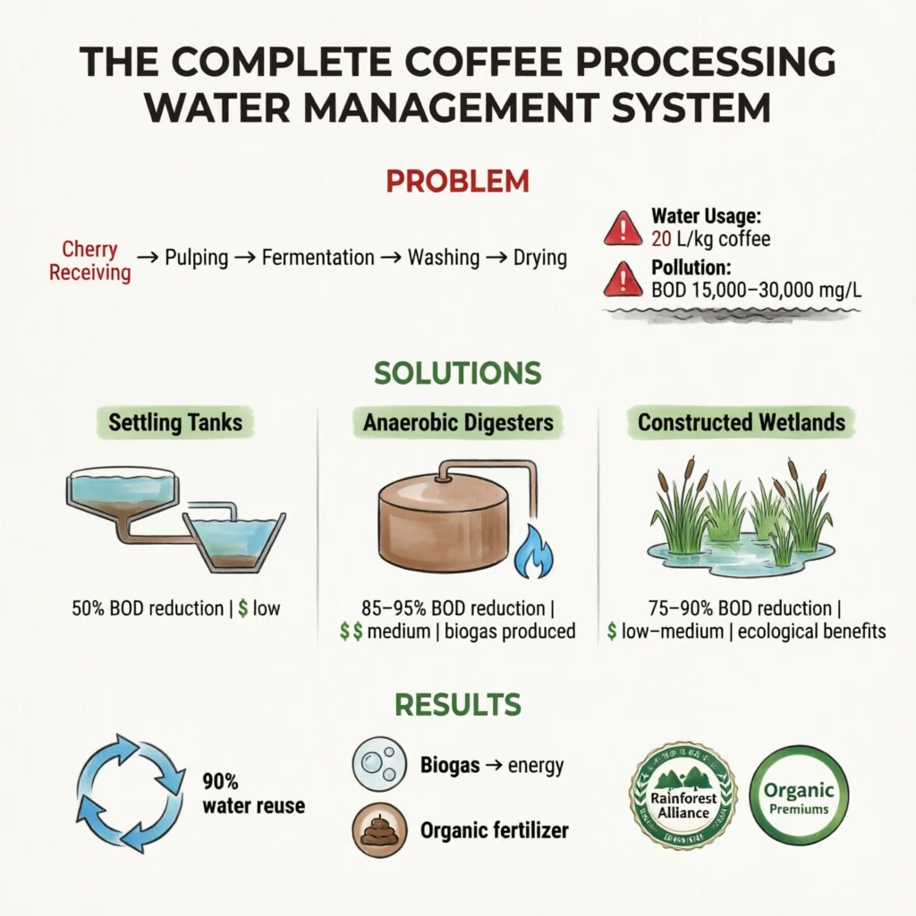 Coffee Processing Water Management: Conservation, Treatment, and Environmental Impact Technical Infographic VIHI Design