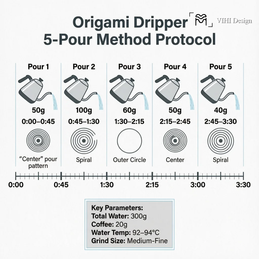 Mastering the Origami Dripper Pour Structure: The 5-Pour Method for Maximum Sweetness Technical Infographic VIHI Design