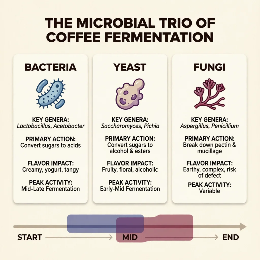The Role of Specific Microbes in Coffee Fermentation: Bacteria vs. Yeast vs. Fungi Technical Infographic VIHI Design