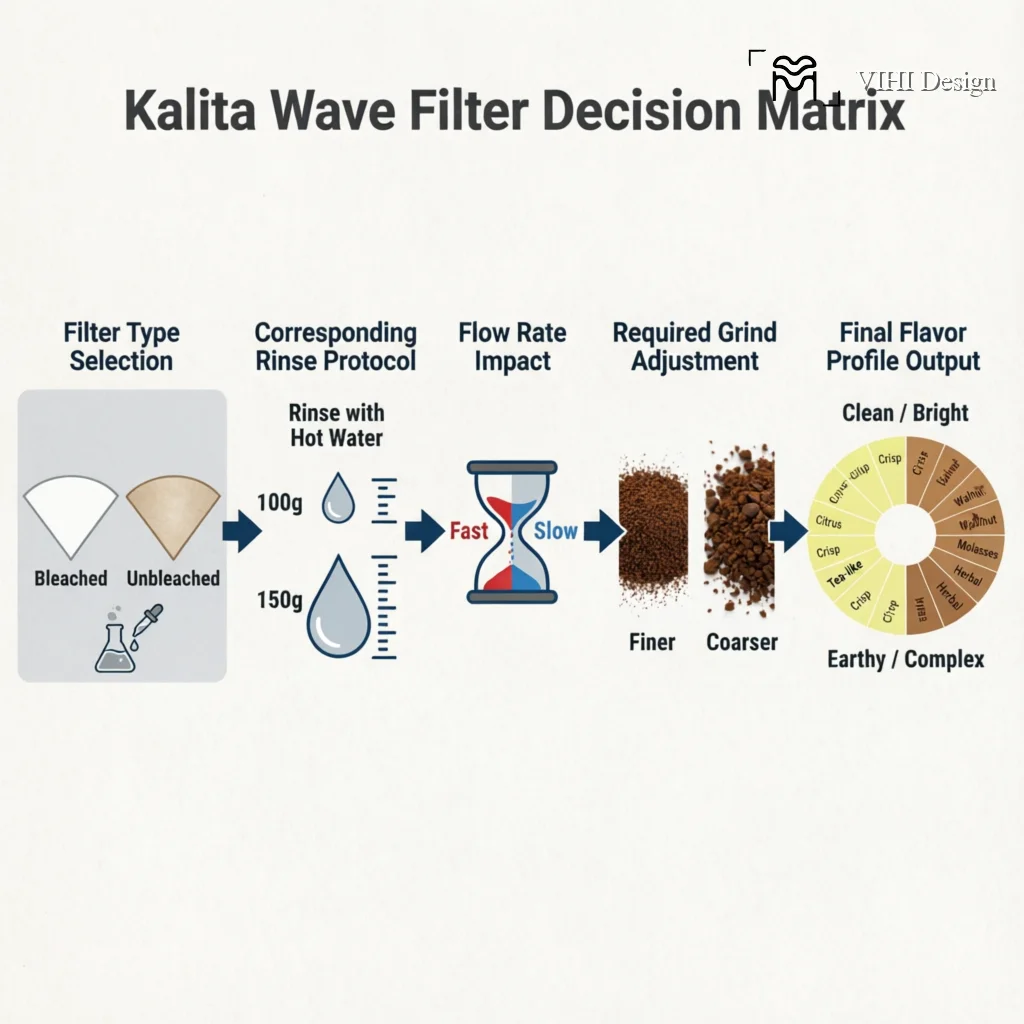 The Ultimate Guide to Kalita Wave Filters: Bleached vs. Unbleached and How They Change Your Brew Technical Infographic VIHI Design