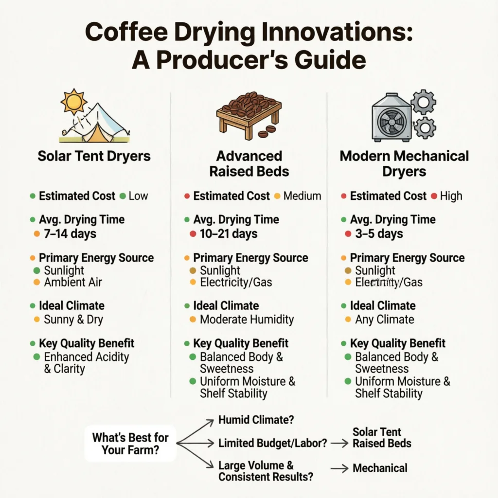 Drying Innovations: Solar Tent Dryers, Raised Beds, and Mechanical Dryers for Processed Coffee Technical Infographic VIHI Design