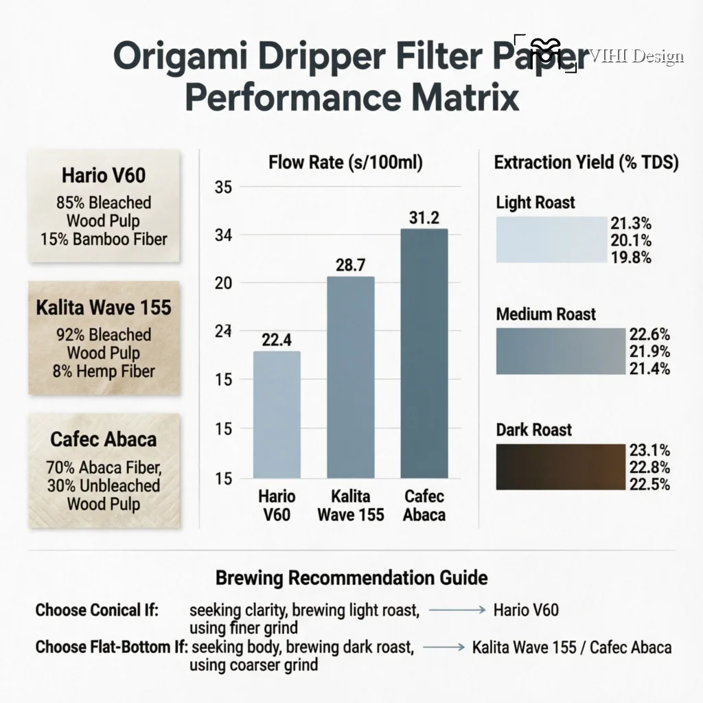 Origami Dripper Filter Paper Showdown: Conical vs Flat-Bottom Performance Technical Infographic VIHI Design
