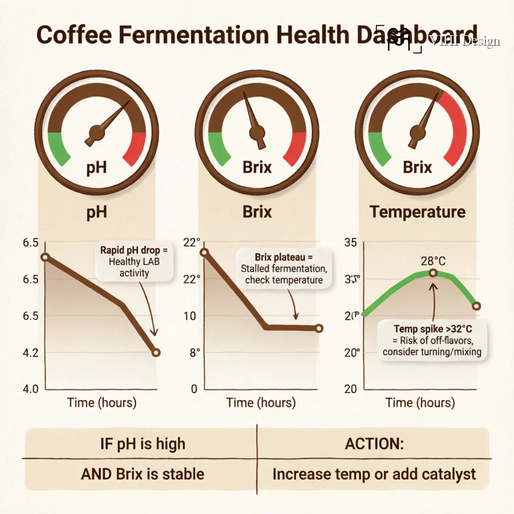Monitoring Microbial Health: pH, Brix, and Temperature Logs for Consistent Fermentation Technical Infographic VIHI Design