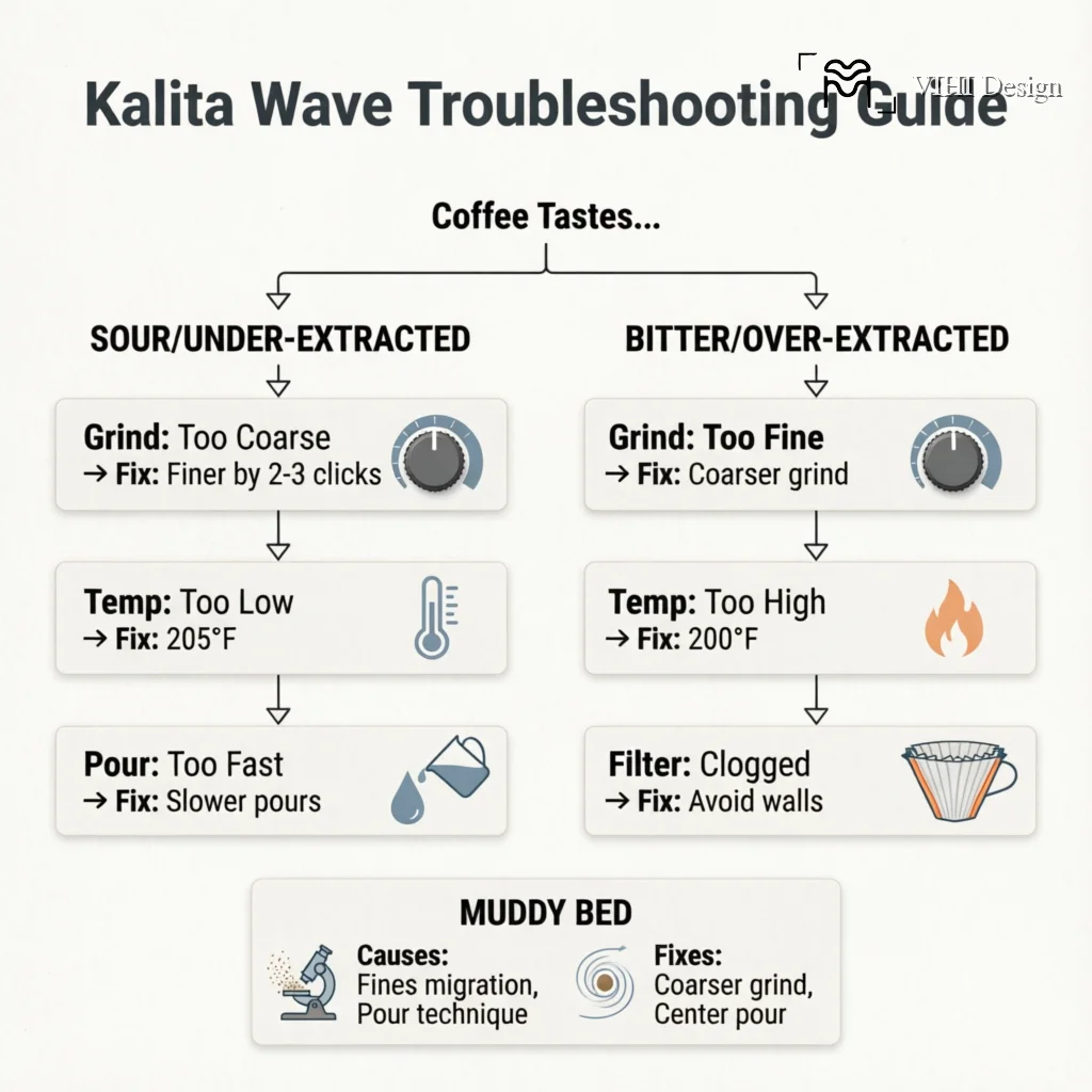 Fixing Bitter or Sour Kalita Wave Coffee: A Troubleshooting Guide Technical Infographic VIHI Design