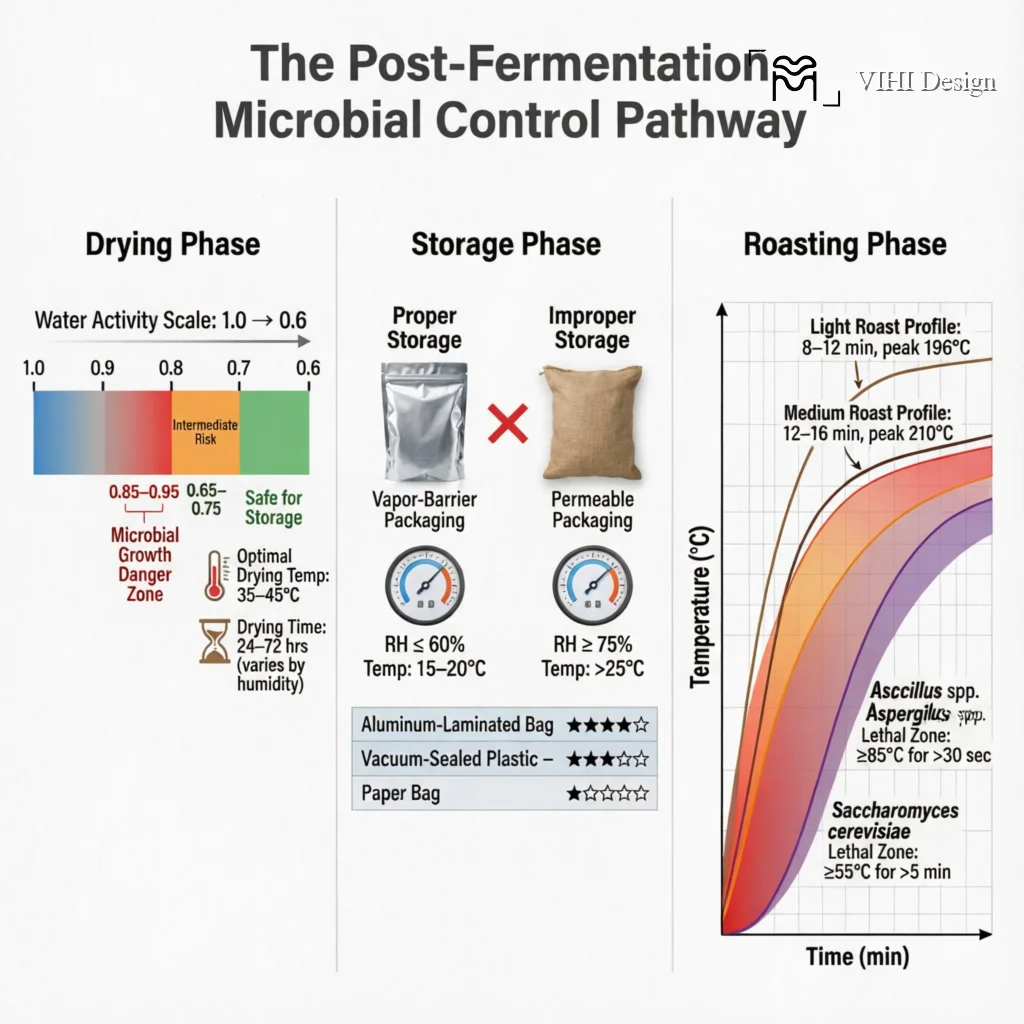 Post-Fermentation Microbial Management: Drying, Storage, and Roasting Considerations Technical Infographic VIHI Design