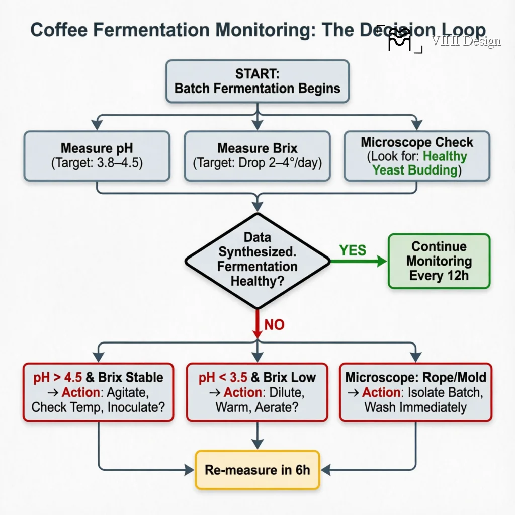 Measuring Microbial Activity: pH, Brix, and Microscopy for Coffee Processors Technical Infographic VIHI Design