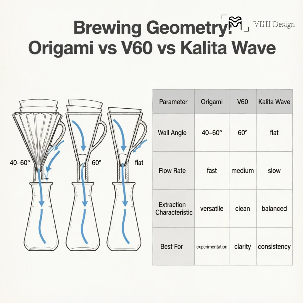 The Origami Dripper Mastery Guide: Unlocking Flavor Versatility Through Geometry Technical Infographic VIHI Design