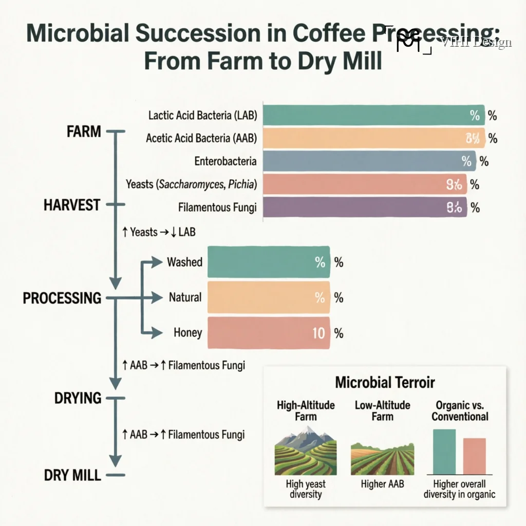The Coffee Cherry Microbiome: Mapping Microbial Communities from Farm to Dry Mill Technical Infographic VIHI Design