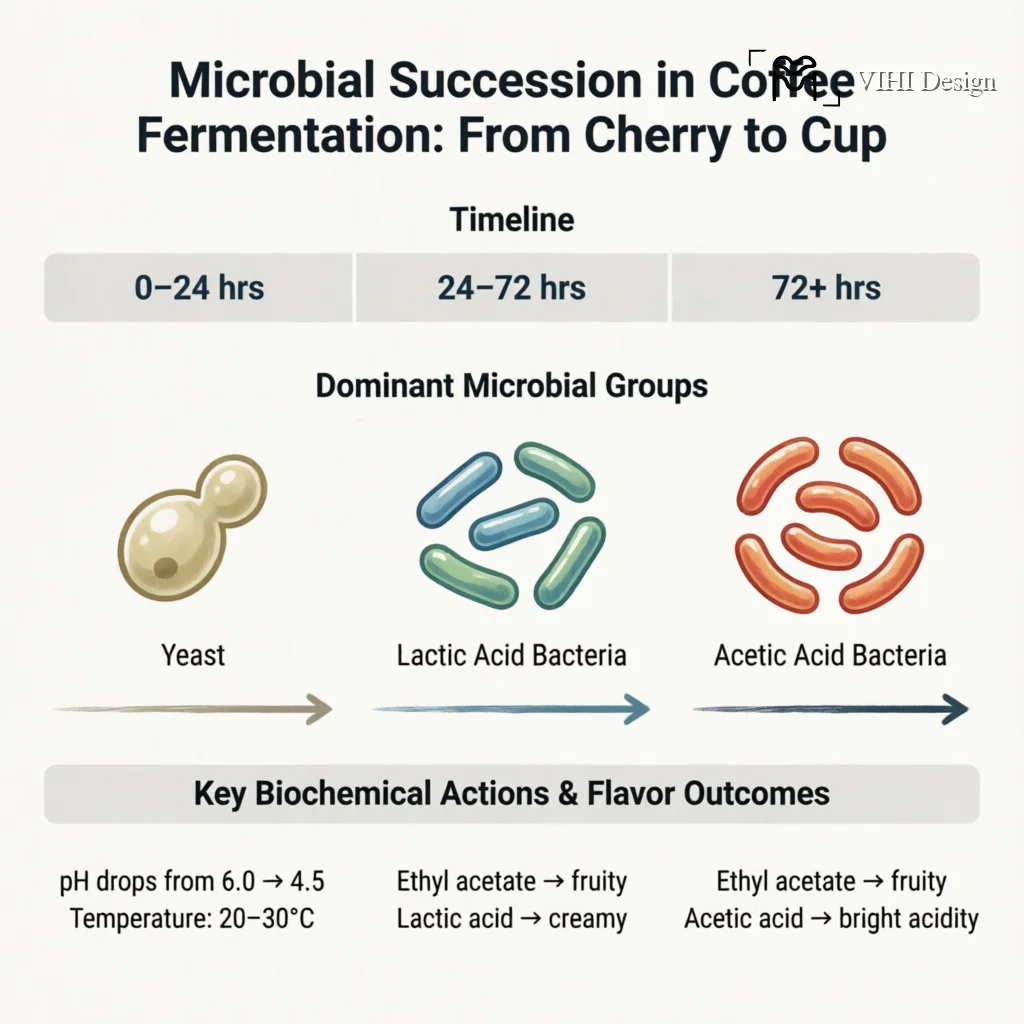 The Microbial Terroir of Coffee: How Native Microbes Shape Processing and Flavor Technical Infographic VIHI Design