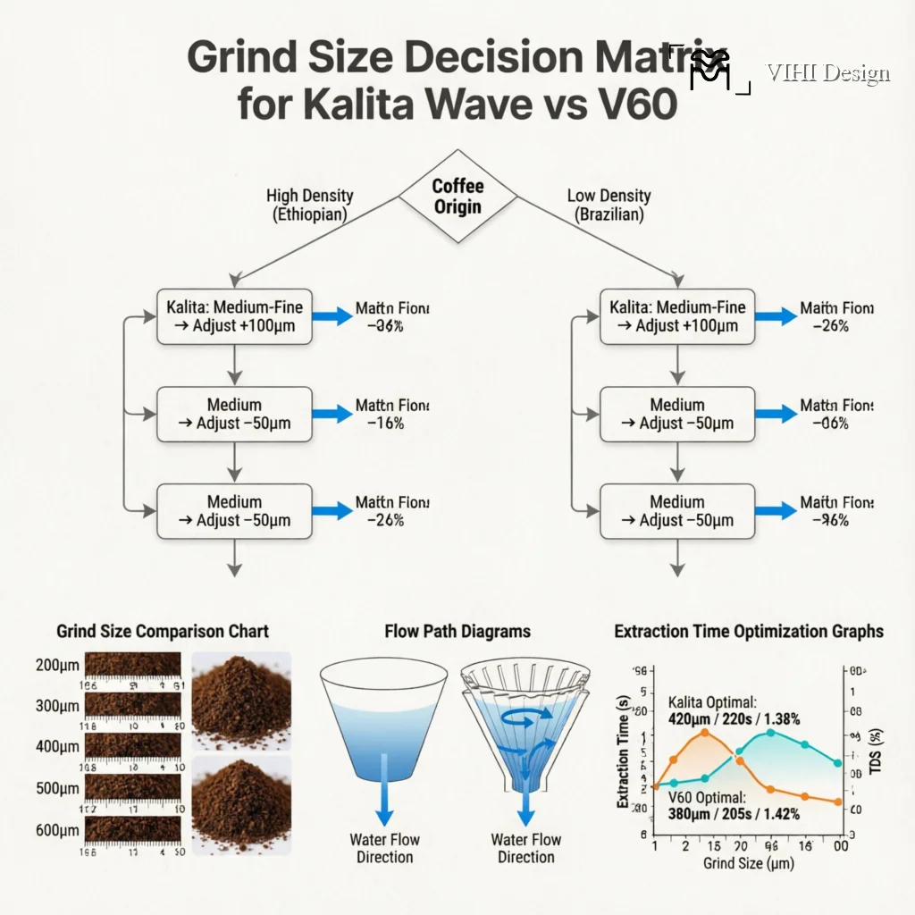 Optimizing Grind Size for Kalita Wave vs V60 Technical Infographic VIHI Design