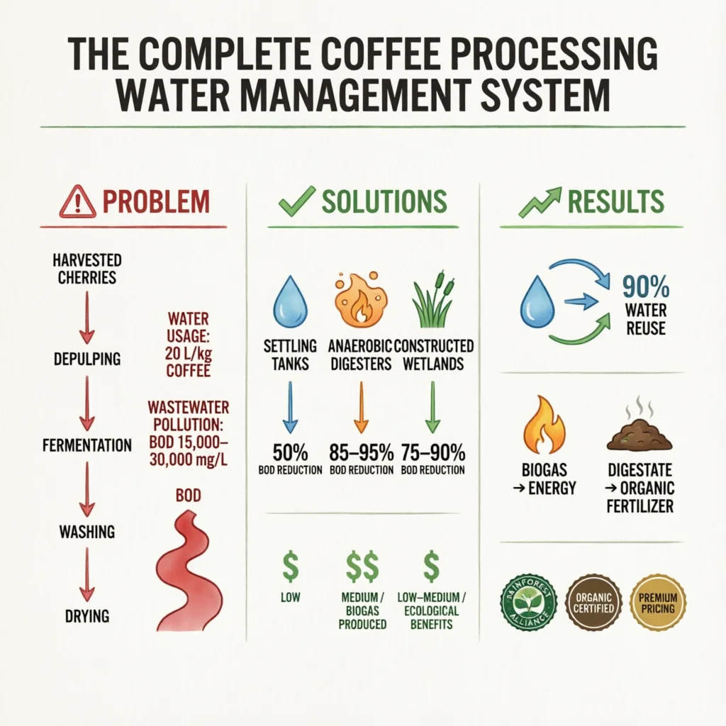 Coffee Processing Water Management: Conservation, Treatment, and Environmental Impact Technical Infographic VIHI Design
