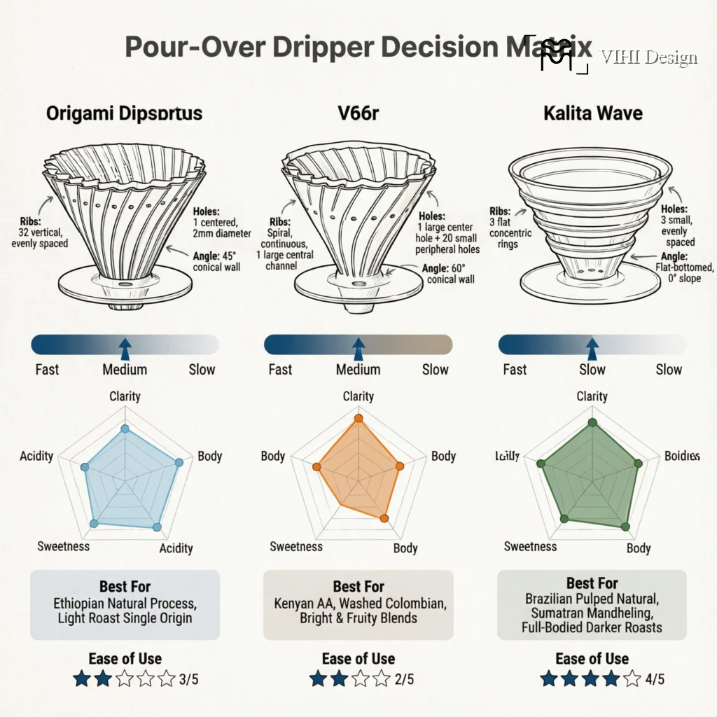 Origami Dripper vs V60 vs Kalita Wave: Which Should You Choose? Technical Infographic VIHI Design