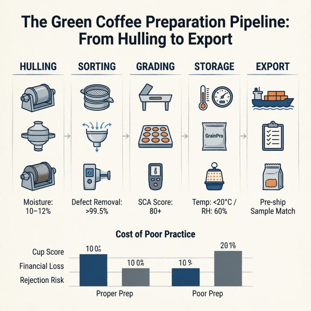 Green Coffee Preparation: Hulling, Sorting, Grading, and Storage Before Export Technical Infographic VIHI Design
