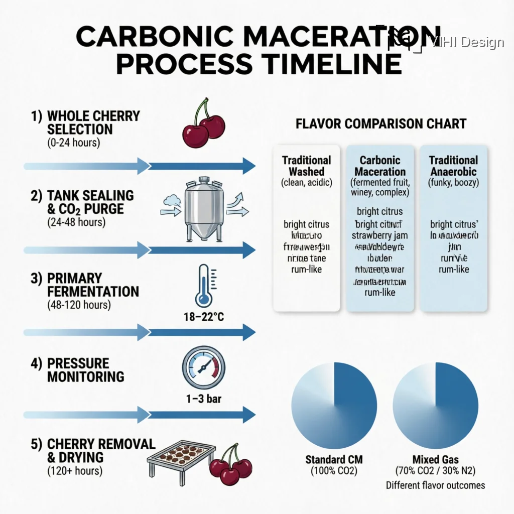 Carbonic Maceration Coffee Explained: From Beaujolais to Your Cup Technical Infographic VIHI Design