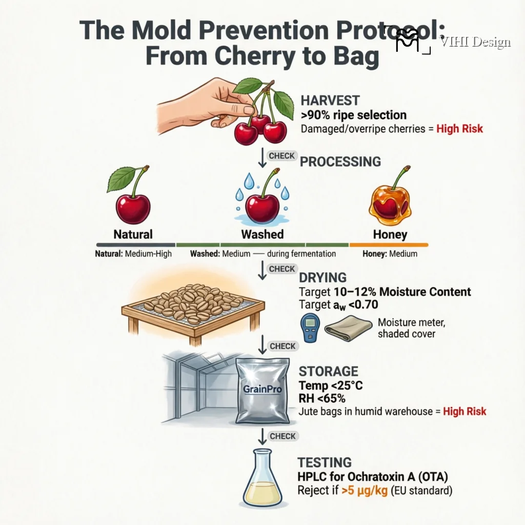 Preventing Mold and Mycotoxin Contamination in Coffee Processing Technical Infographic VIHI Design