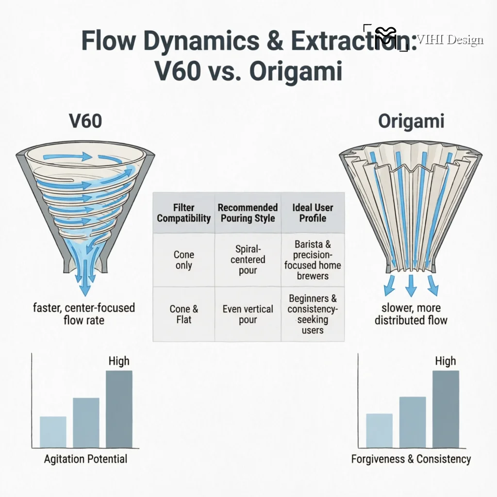 Origami Dripper vs. V60: A Side-by-Side Brew-Off for Clarity and Body Technical Infographic VIHI Design