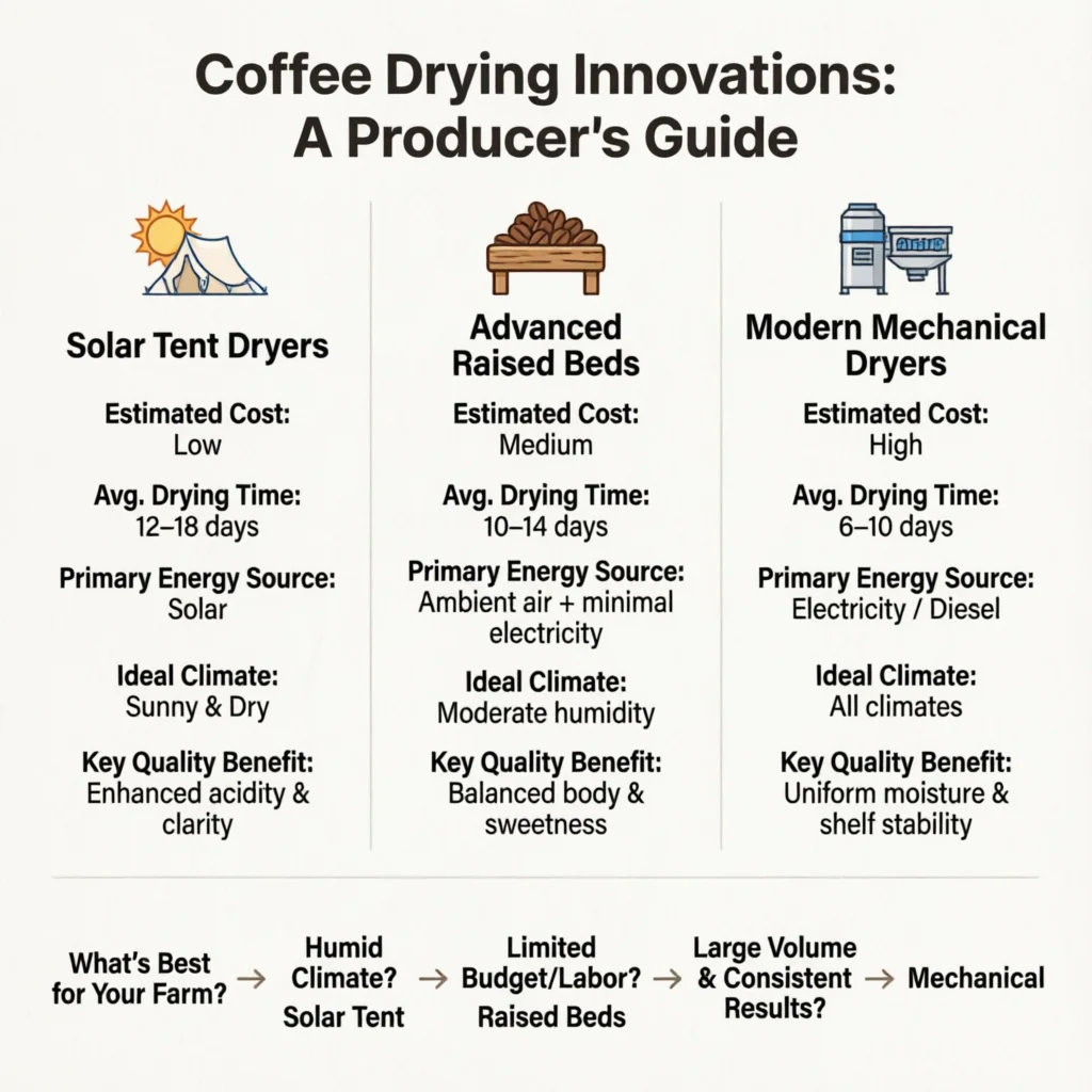 Drying Innovations: Solar Tent Dryers, Raised Beds, and Mechanical Dryers for Processed Coffee Technical Infographic VIHI Design