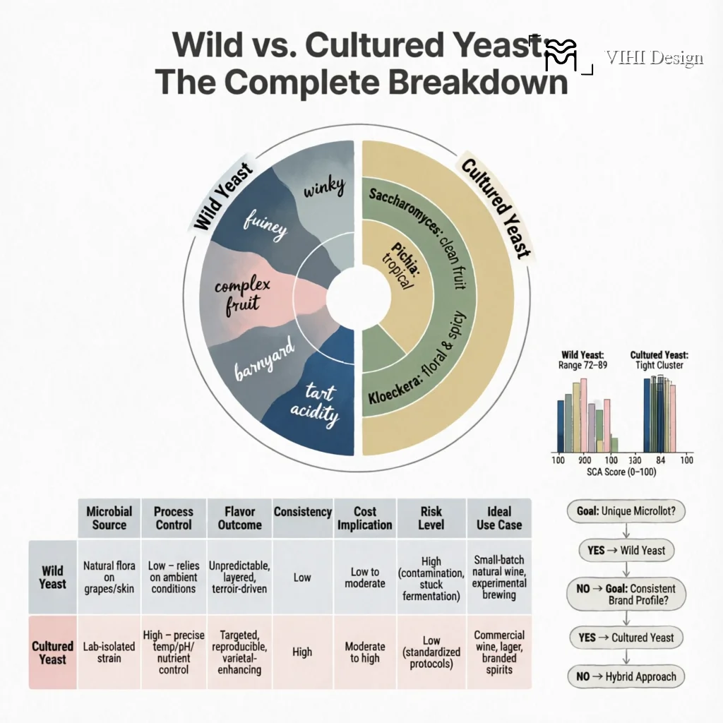 Wild vs. Cultured Yeast in Coffee Processing: Terroir Expression vs. Flavor Precision Technical Infographic VIHI Design