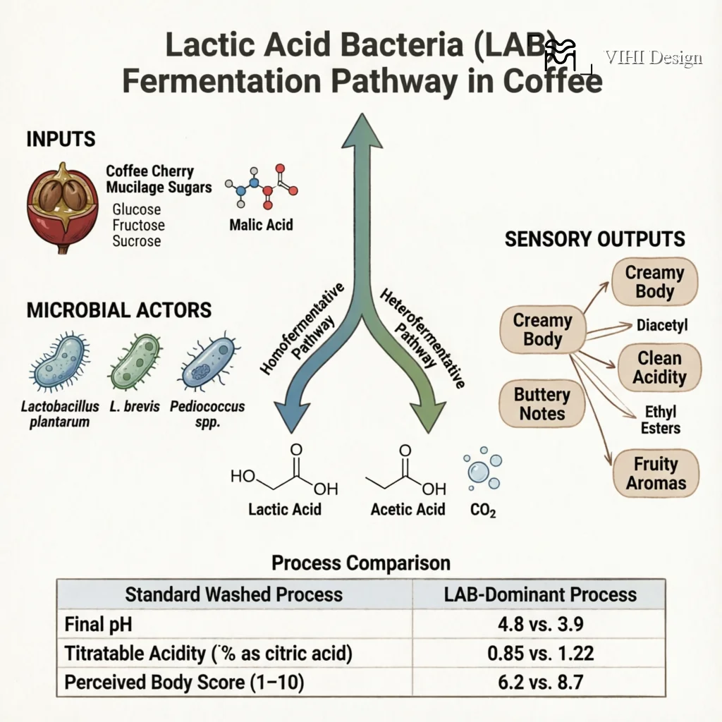 Lactic Acid Bacteria in Coffee Fermentation: Creating Creamy Body and Clean Acidity Technical Infographic VIHI Design