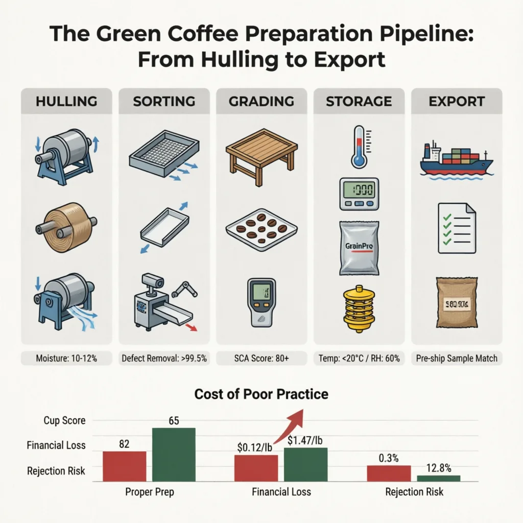 Green Coffee Preparation: Hulling, Sorting, Grading, and Storage Before Export Technical Infographic VIHI Design