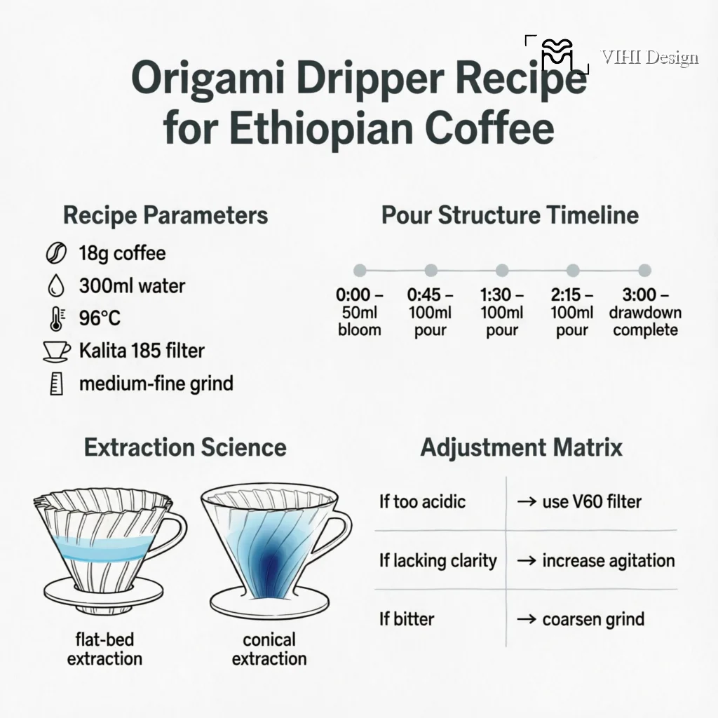 The Perfect Origami Dripper Recipe for Light Roast Ethiopian Coffee Technical Infographic VIHI Design