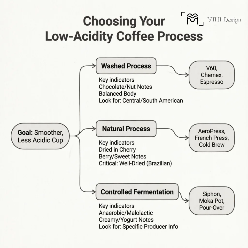 Post-Harvest Processing for Low-Acidity Coffee: Methods for a Smoother Cup Technical Infographic VIHI Design