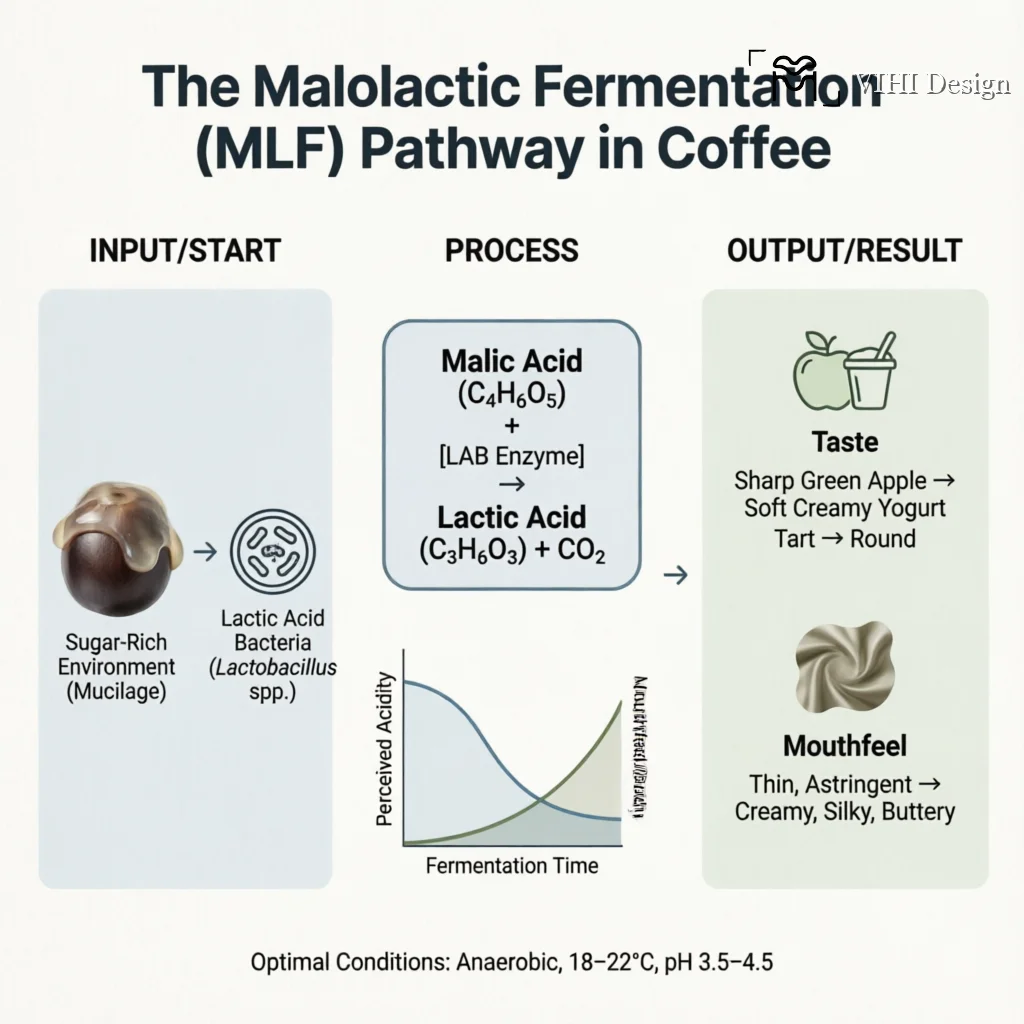 Lactic Acid Bacteria (LAB) in Coffee: Beyond Yogurt, Building Creamy Body and Malic Acid Conversion Technical Infographic VIHI Design