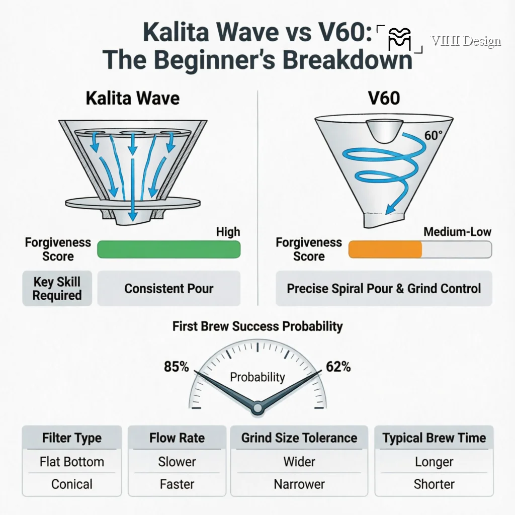 Kalita Wave vs V60: Which is Better for Beginners? Technical Infographic VIHI Design