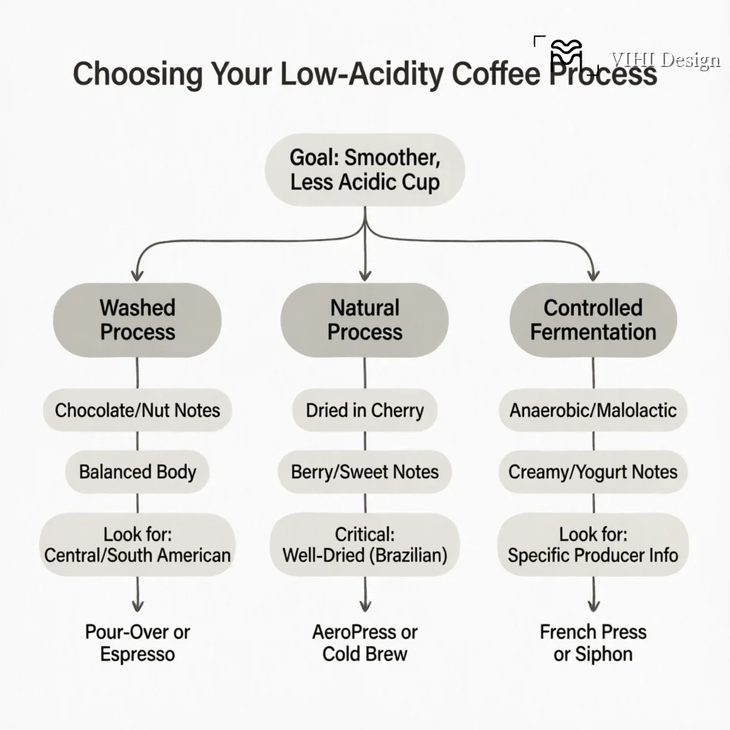 Post-Harvest Processing for Low-Acidity Coffee: Methods for a Smoother Cup Technical Infographic VIHI Design