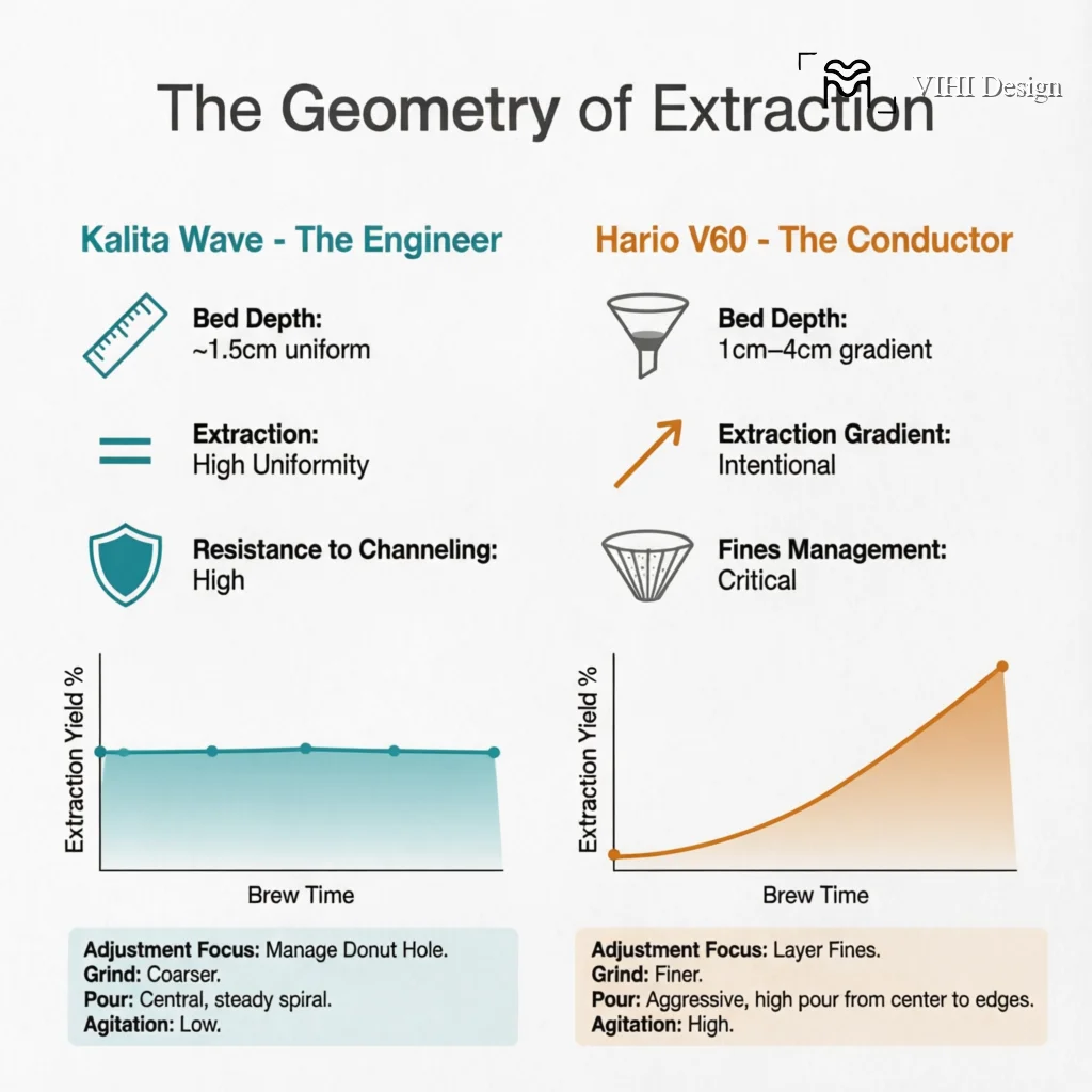 Flat Bottom vs Conical Filters: How Filter Shape Changes Your Coffee Technical Infographic VIHI Design