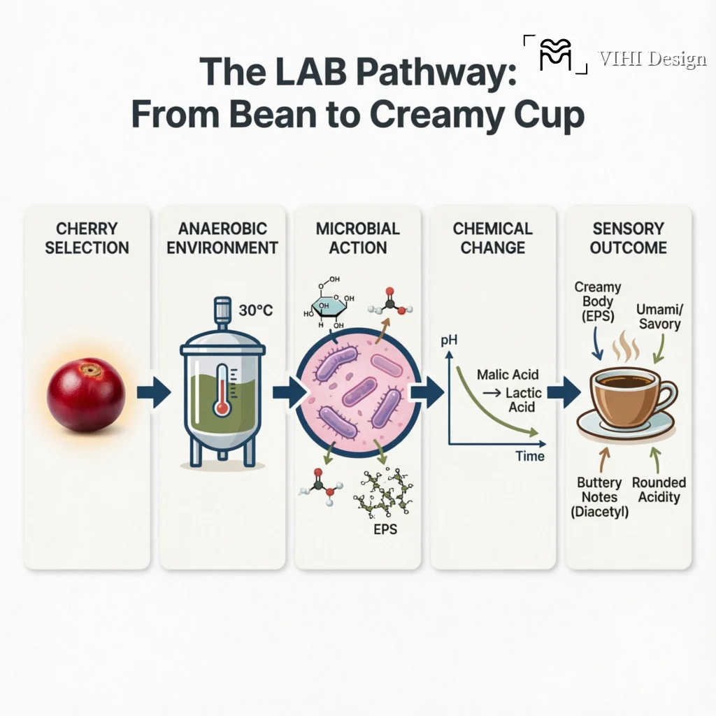 Lactic Acid Bacteria (LAB) in Coffee: Beyond Acidity to Creamy Body and Umami Technical Infographic VIHI Design