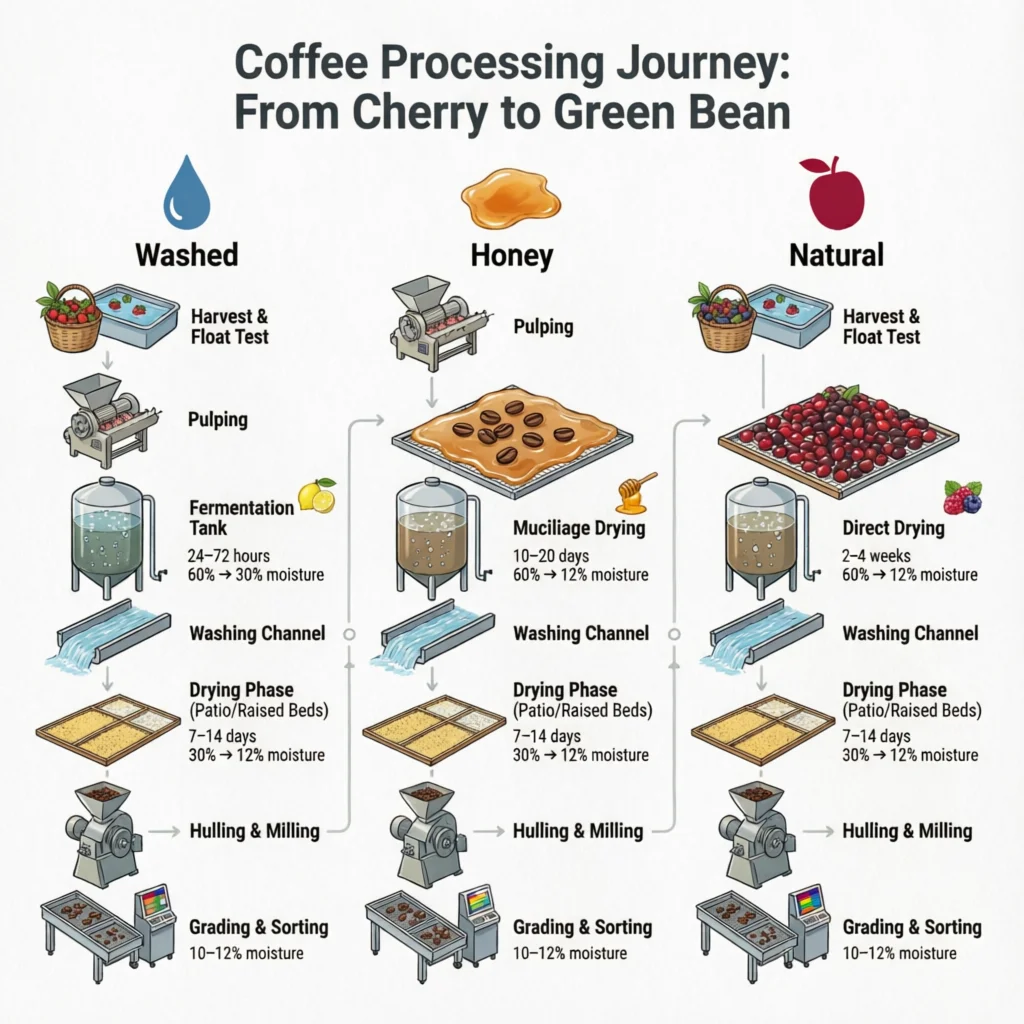 The Complete Guide to Coffee Post-Harvest Processing: From Cherry to Green Bean Technical Infographic VIHI Design