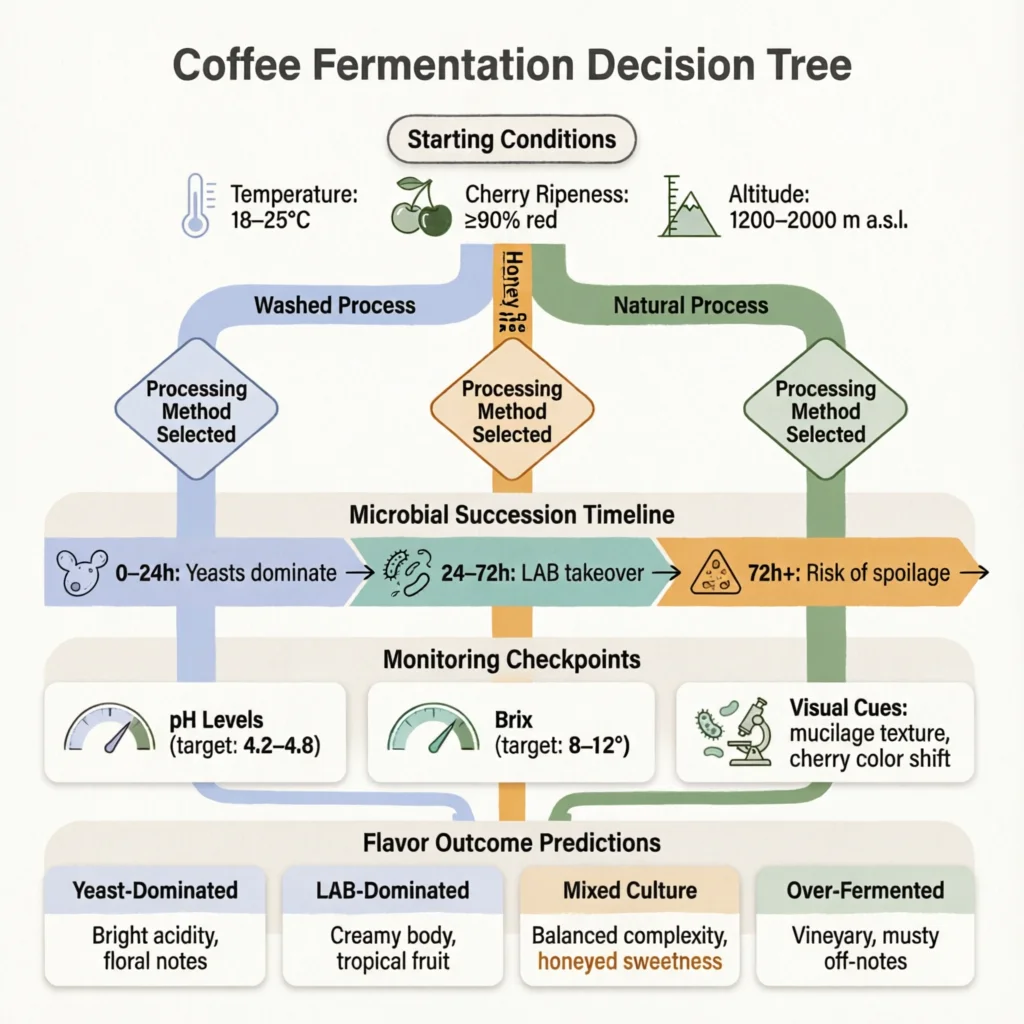 Coffee Mucilage Fermentation: The Microbial Transformation That Builds Flavor Technical Infographic VIHI Design