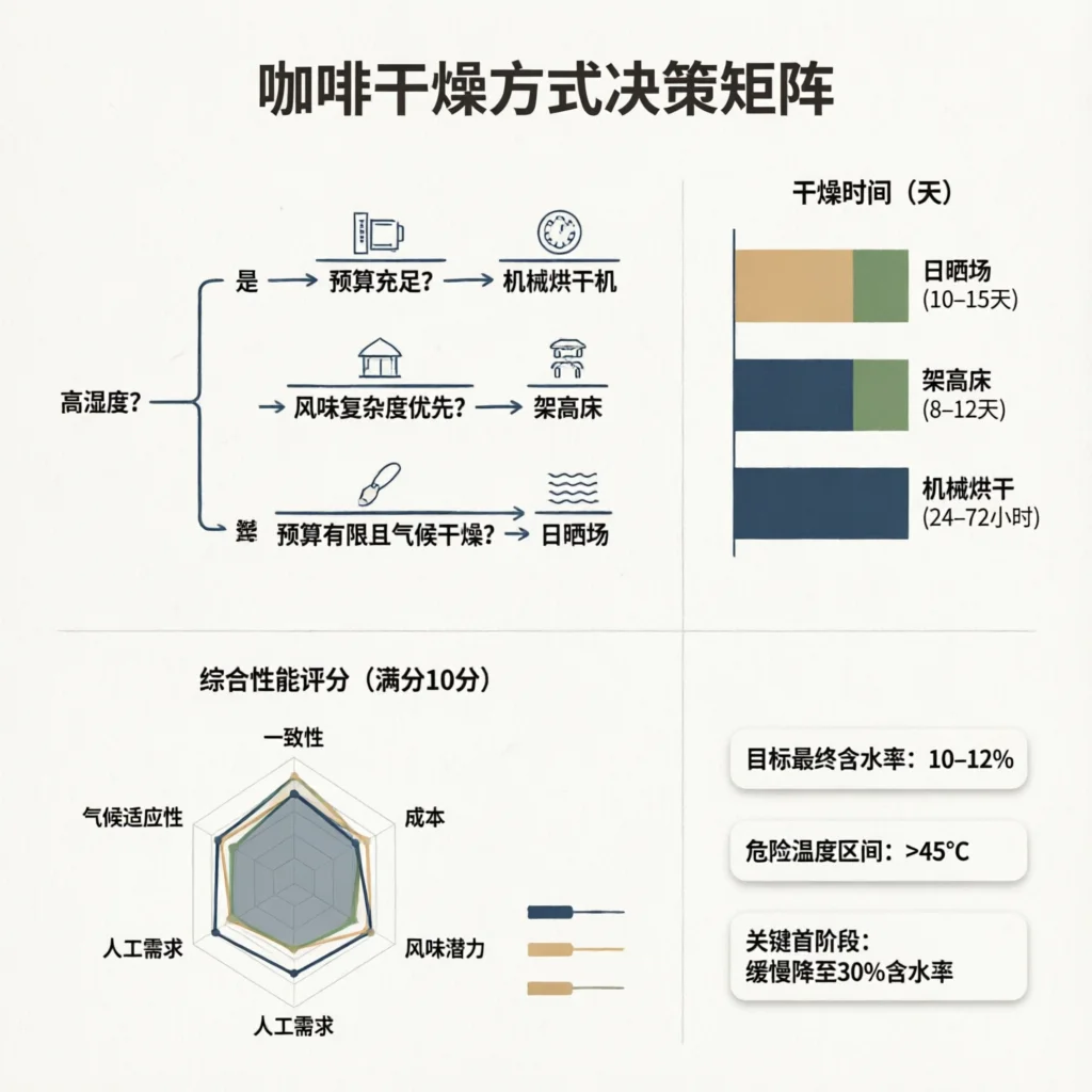 Coffee Drying Methods: Patios, Raised Beds, and Mechanical Dryers Compared Technical Infographic VIHI Design