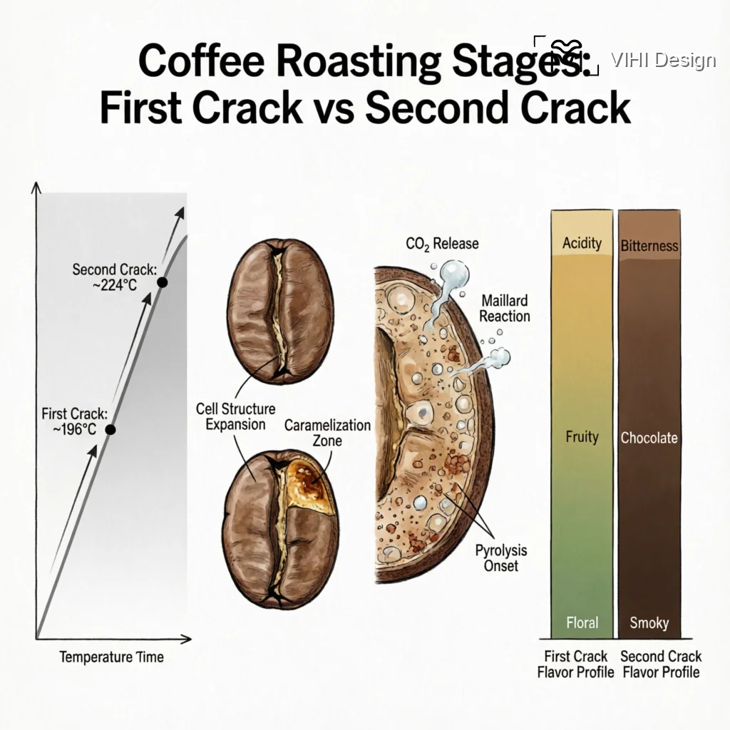 First Crack vs Second Crack: Understanding Roast Milestones Technical Infographic by VIHI Design
